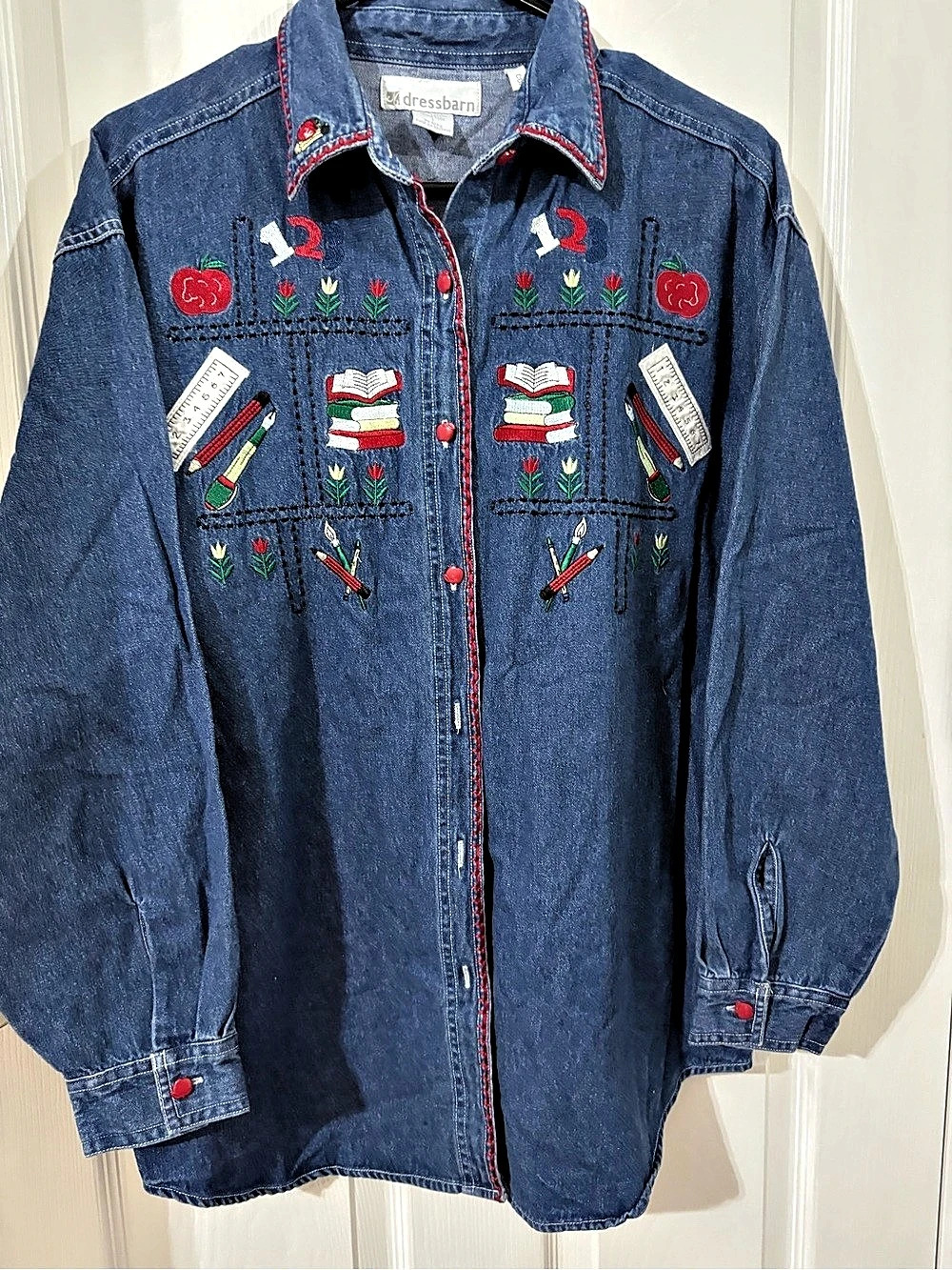 dressbarn Embroidered Denim Button Down in Blue Like New